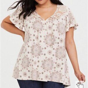 Torrid Super Soft V-neck Lace Inset Flutter Sleeve Tee Sheer Lace Inset Sz 2